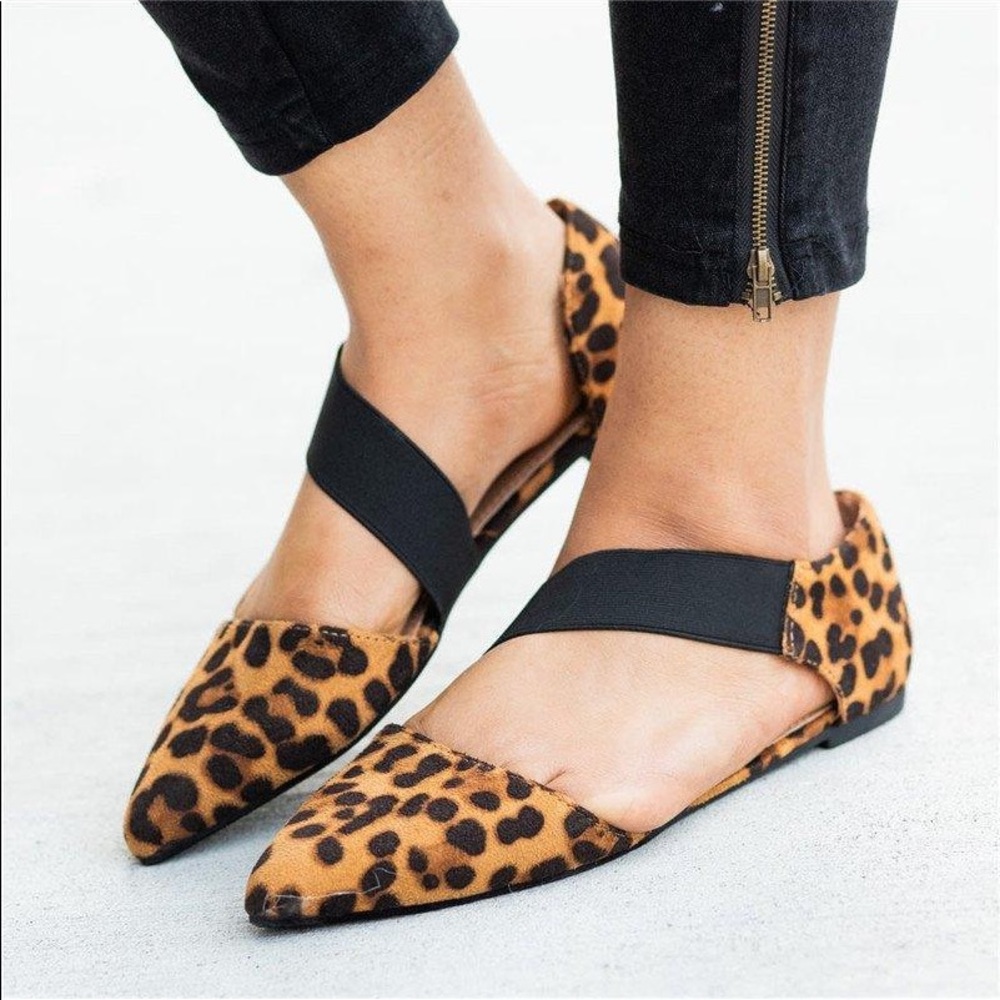 Women's Fashion Cross Strap Pointed Leopard Flats